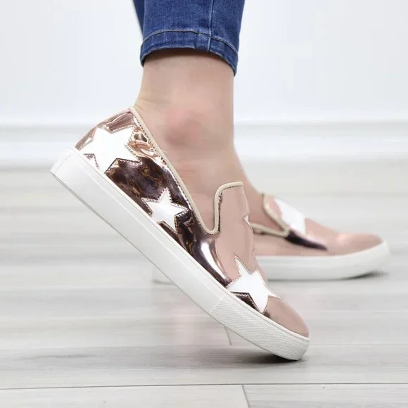 Rose Gold With White Stars Patent Sneakers Shoes - Picture 6 of 14